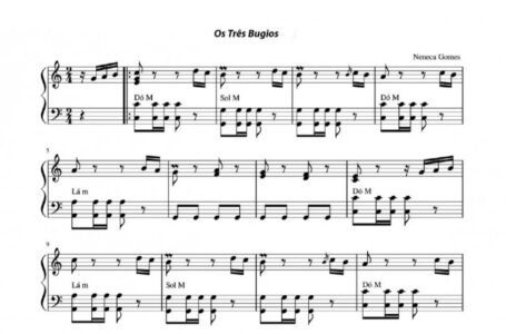 Partitura da música “Os três Bugios”, parte do processo de Registro do gênero musical. – Foto: Partitura “Os Três Bugios”, de Neneca Gomes – Arranjo Miguel Angelo Zanotelli.